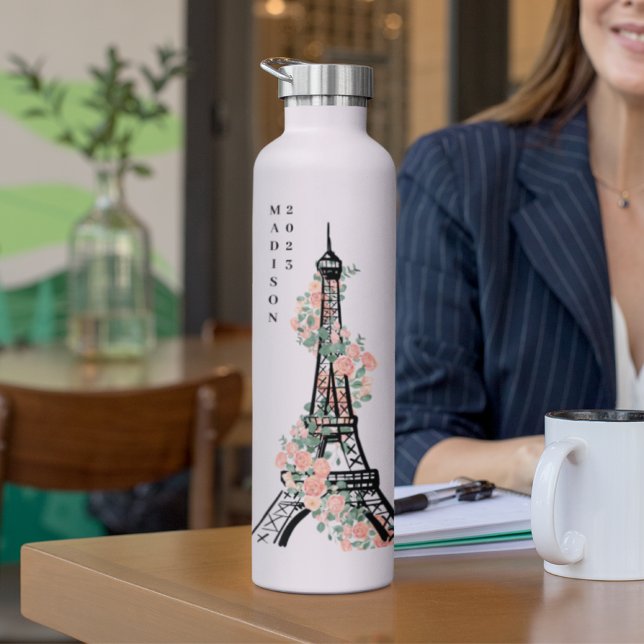 Personalized Floral Paris Eiffel Tower White Water Bottle (Creator Uploaded)