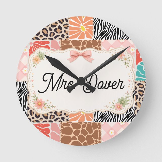 Personalized Floral Patchwork Teacher Round Clock (Front)