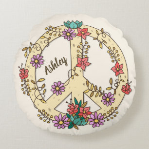 Personalized Floral Peace Sign  Round Pillow