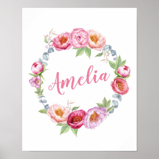 Personalized Floral peonies name poster print (Front)