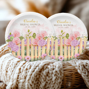 Personalized Floral Picket Fence Hydrangea Bridal  Paper Plate