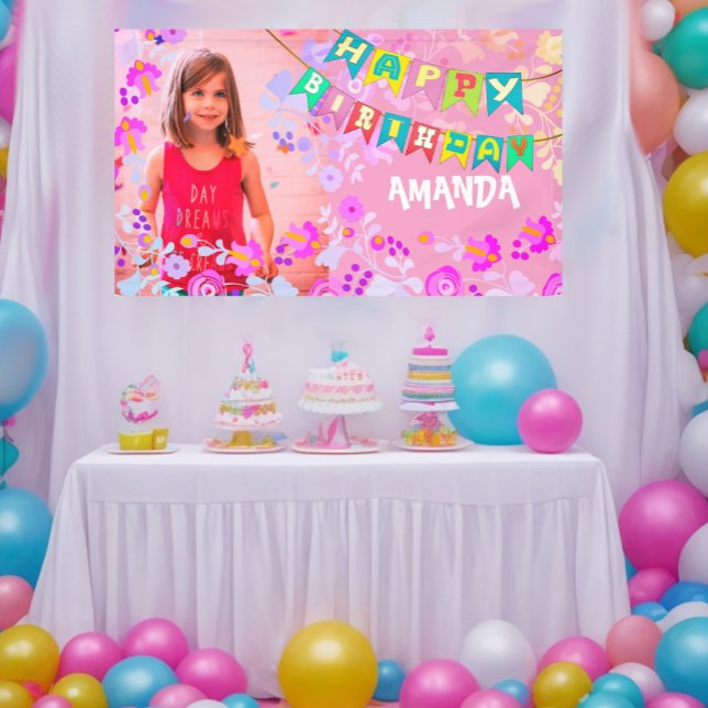 Personalized floral picture happy birthday  banner (A very special way to celebrate your little girl's birthday party.)