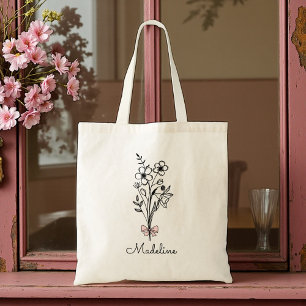 Personalized Floral Pink Bow Birthday Girl Tote Bag