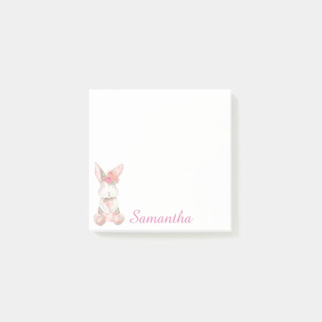 Personalized Floral Pink Bunny Post-It Notes (Front)