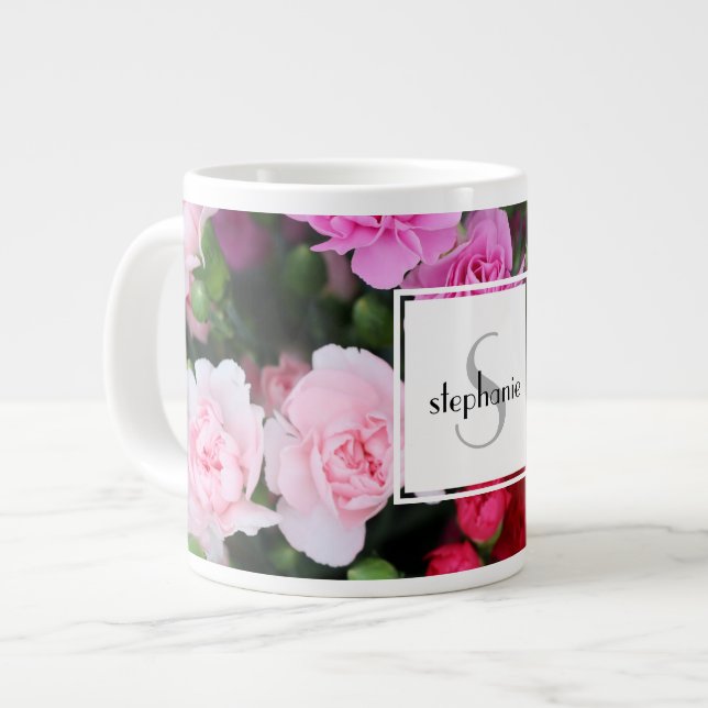 Personalized floral, pink carnation w name/initial large coffee mug (Front Left)