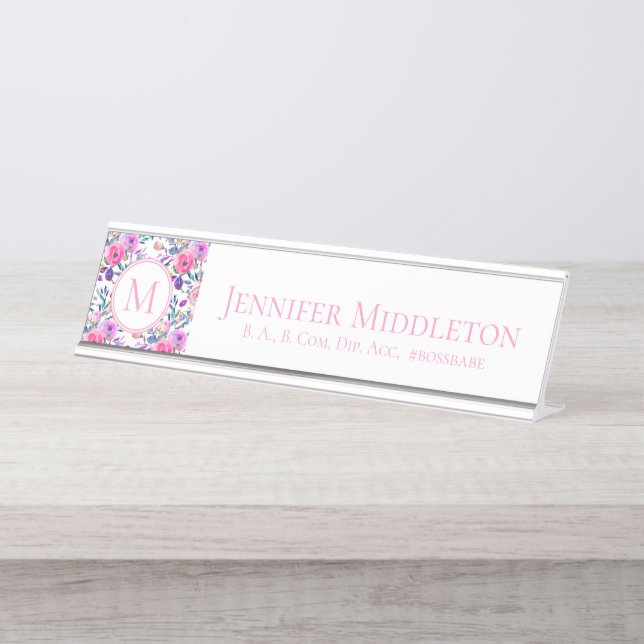 Personalized Floral Pink Monogram Desk Name Plate (Front)