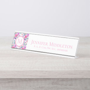 Personalized Floral Pink Monogram Desk Name Plate