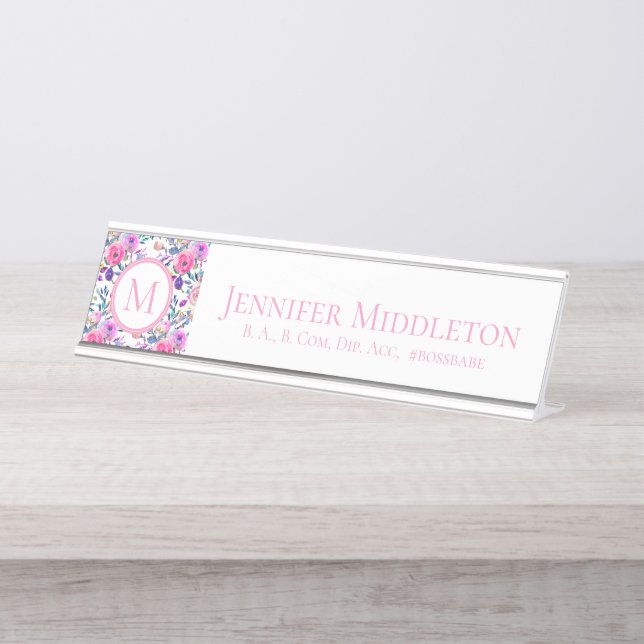 Personalized Floral Pink Monogram Desk Name Plate (Front)