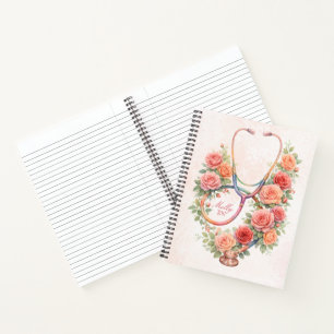 Personalized Floral Pink Rose Stethoscope Notebook