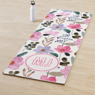 Personalized Floral Pink Script Initials Yoga Mat