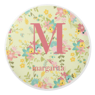 Personalized Floral Pink Yellow Green Ceramic Knob