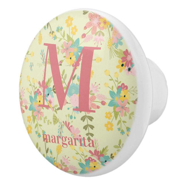 Personalized Floral Pink Yellow Green Ceramic Knob (Right)