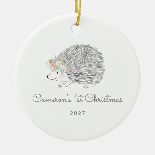 Personalized Floral Porcupine Cute 1st Christmas Ceramic Ornament (Front)