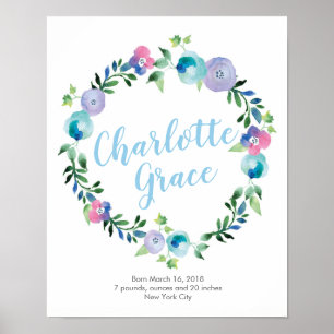 Personalized Floral purple blue birth poster print