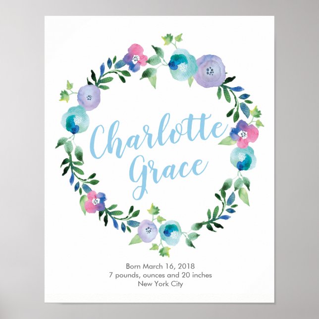 Personalized Floral purple blue birth poster print (Front)