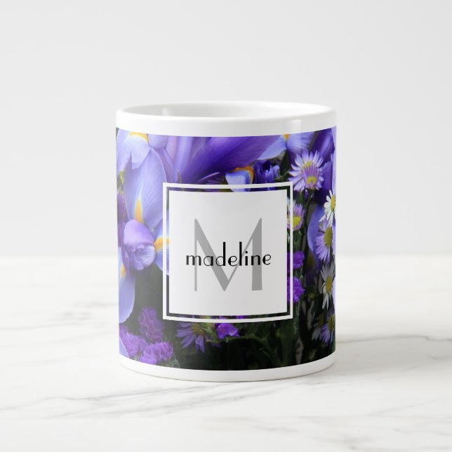 Personalized floral, purple iris, add name/initial large coffee mug (Front)