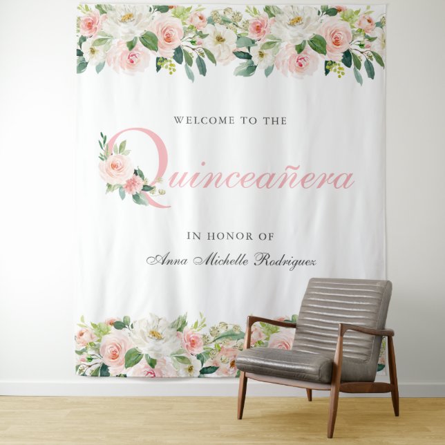 Personalized Floral Quinceanera Photo Backdrop Tapestry (In Situ)
