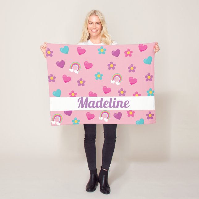 Personalized Floral Rainbow & Hearts Fleece Blanket (In Situ)