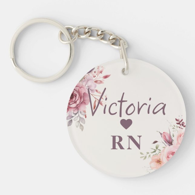 Personalized Floral RN  | Custom Name & Initials  Keychain (Front)