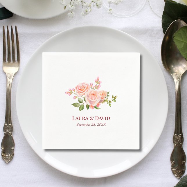 Personalized Floral Rose Blush Wedding Paper Napkin (Personalized blush rose floral napkins add soft romantic charm to wedding tables.)
