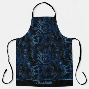 Personalized floral seamless pattern blue black  apron