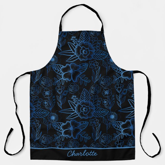 Personalized floral seamless pattern blue black  apron (Front)