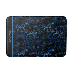 Personalized floral seamless pattern blue black  bath mat