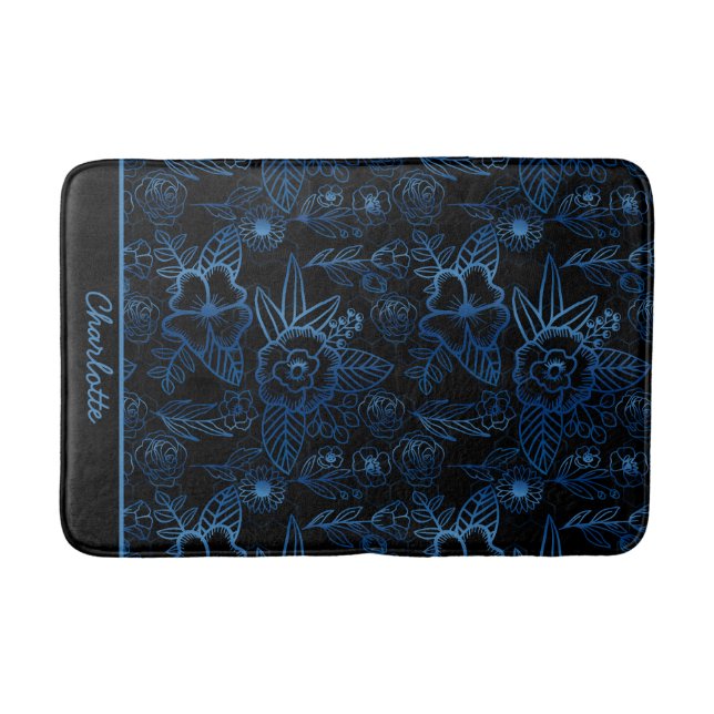 Personalized floral seamless pattern blue black  bath mat (Front)