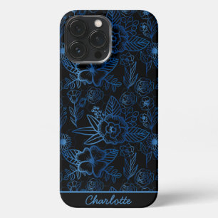 Personalized floral seamless pattern blue black  i iPhone 13 pro max case