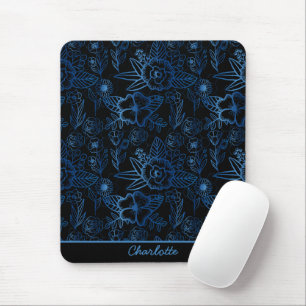 Personalized floral seamless pattern blue black mouse pad