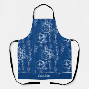 Personalized floral seamless pattern white - blue  apron