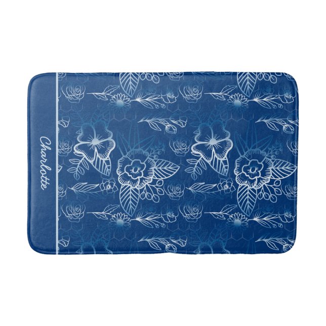 Personalized floral seamless pattern white - blue  bath mat (Front)