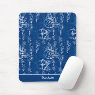 Personalized floral seamless pattern white - blue  mouse pad
