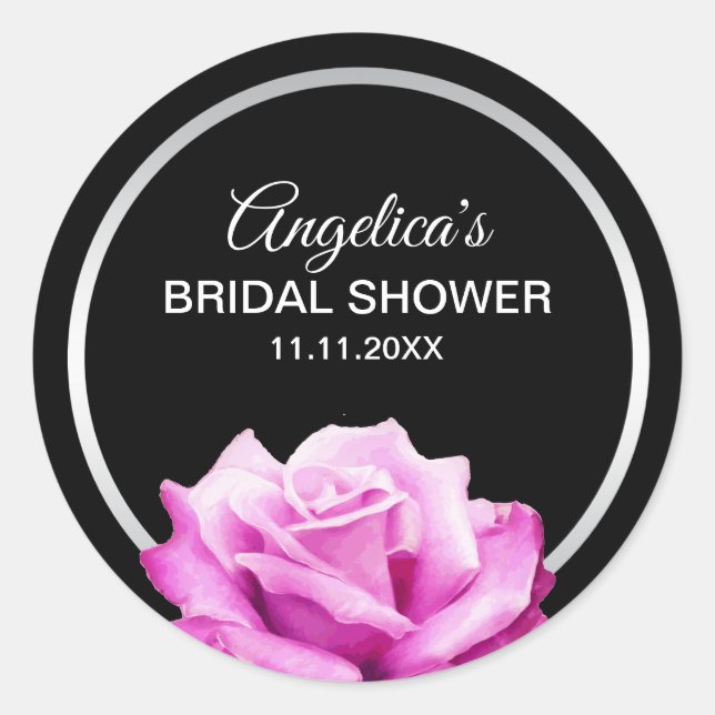 Personalized Floral Silver Pink Rose Bridal Shower Classic Round Sticker (Front)