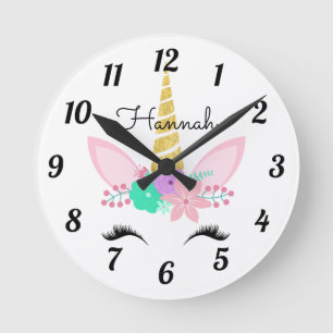 Personalized Floral Smiling Unicorn Round Clock