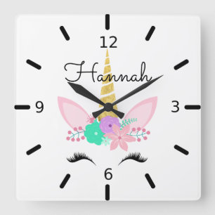 Personalized Floral Smiling Unicorn Square Wall Clock