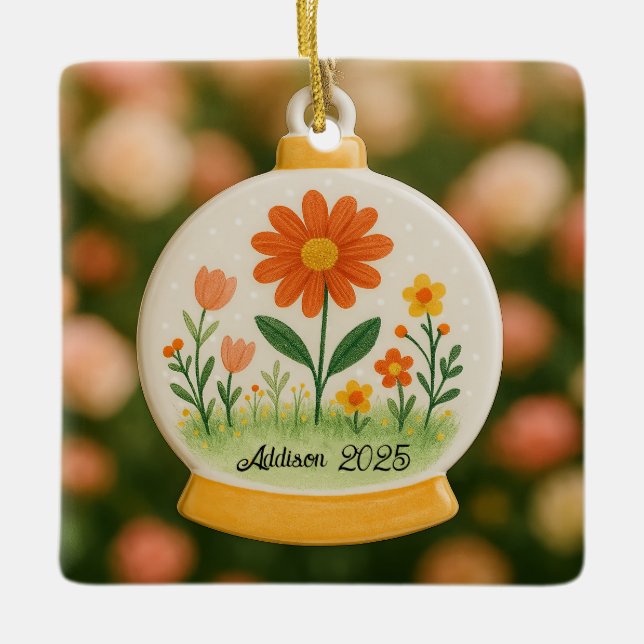 Personalized Floral Snowglobe Ceramic Ornament (Front)