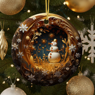 Personalized Floral Snowman Christmas Ceramic Ornament