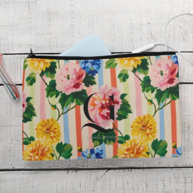 Personalized Floral Stripe Monogram Accessory Pouch (Creator Uploaded)