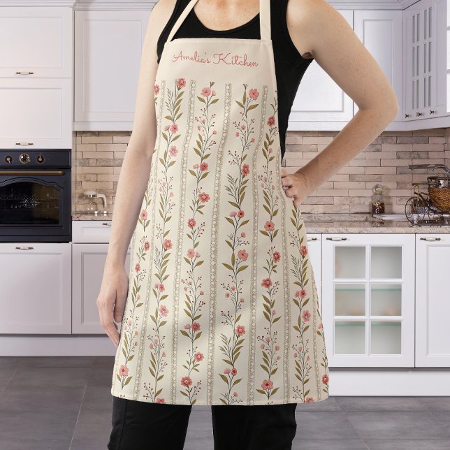 Personalized Floral Stripes Beige Pink Brown Apron (Creator Uploaded)