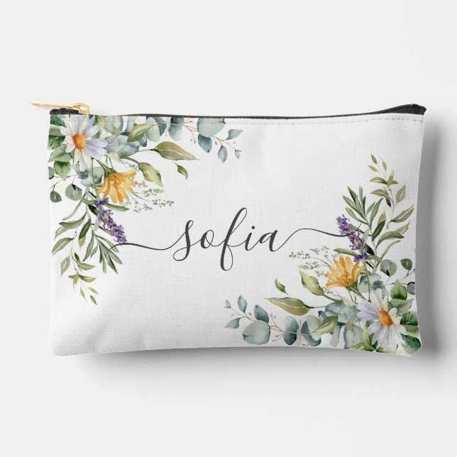 Personalized floral toiletry bag - name & daisies (Front)