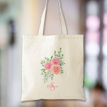 Personalized Floral Tote Bag<br><div class="desc">This pretty tote bag is decorated with a watercolor bouquet of roses and foliage in shades of pink, coral, and green.
Easily customizable.
Original Watercolor © Michele Davies.</div>