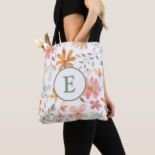 Personalized Floral Tote Bag with Initial