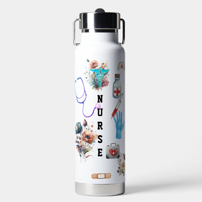 Personalized Floral Travel Nurse Monogram Gift  Water Bottle (Front)