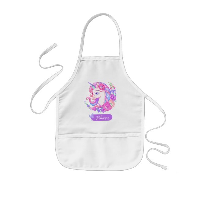 Personalized Floral Unicorn Colourful cute magical Kids Apron (Front)