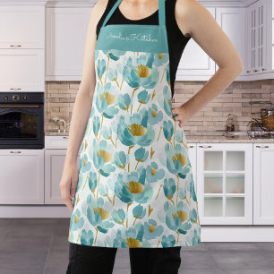 Personalized Floral Watercolor Aqua Gold Apron
