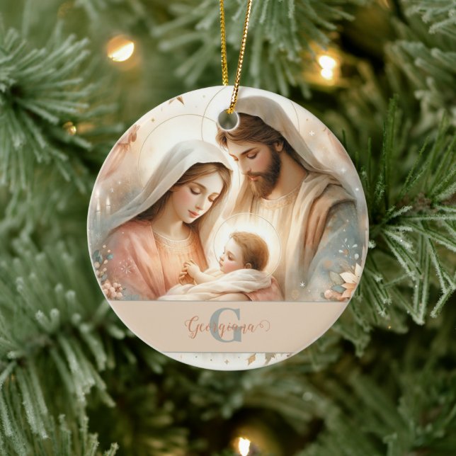 Personalized Floral Watercolor Baby Jesus Nativity Ceramic Ornament (Tree)