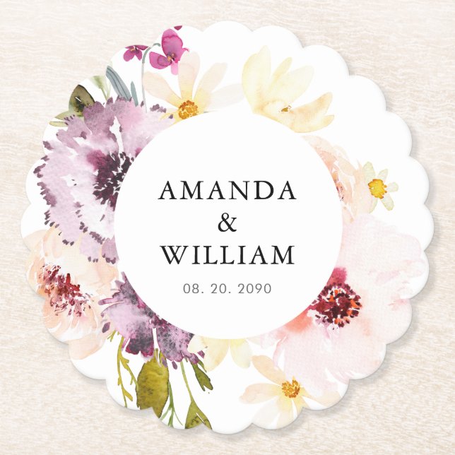 Personalized Floral Wedding Paper Coaster Favour (Front)