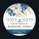 Personalized Floral Wedding Save the Date Magnet<br><div class="desc">Custom/personalized wedding annoucement Save the date magnet with navy and white flowers with accents of gold :)</div>