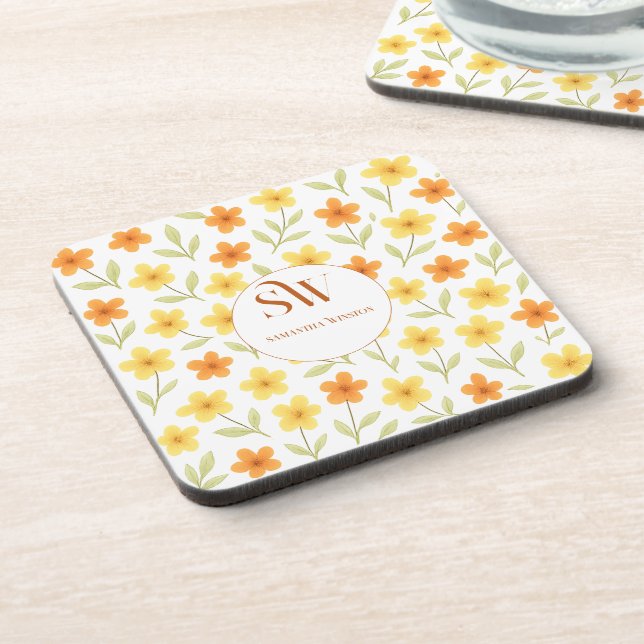 Personalized Floral with Orange & Yellow Flowers  Coaster (Left Side)